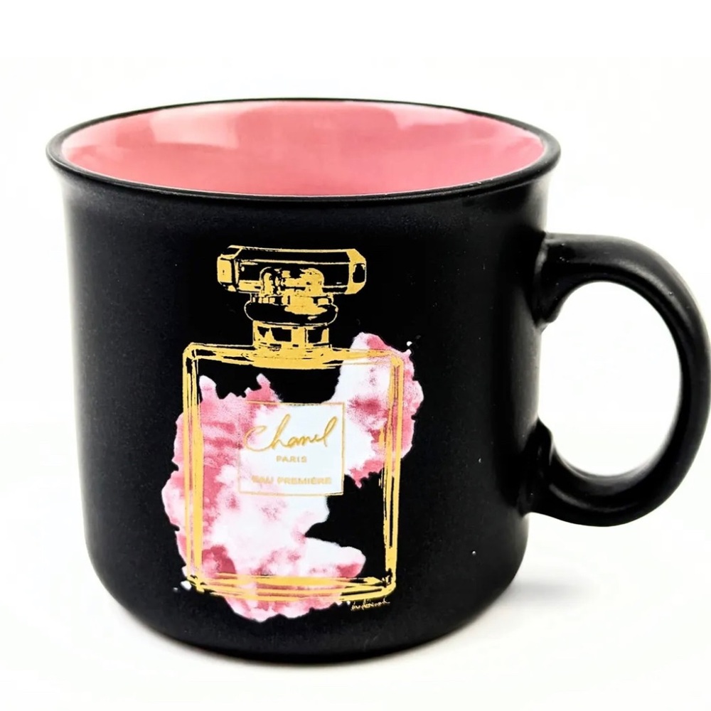 Chanel perfume bottle coffee mug in black, pink and gold